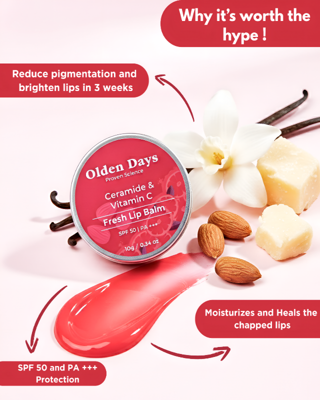 Olden Days lip balm with vanilla beans, almonds, and flowers on a pink background