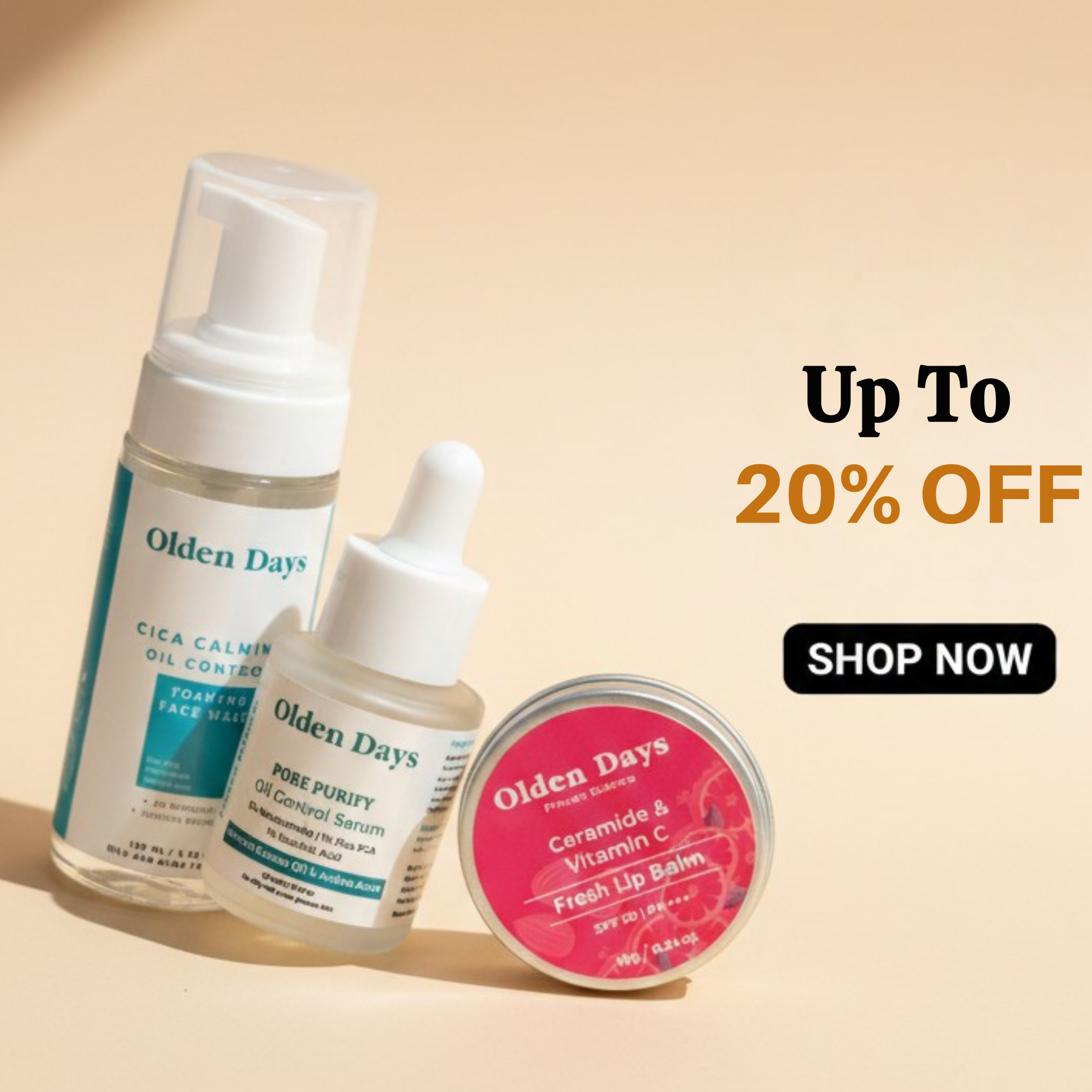 Olden Days skincare products with a promotional offer on a beige background
